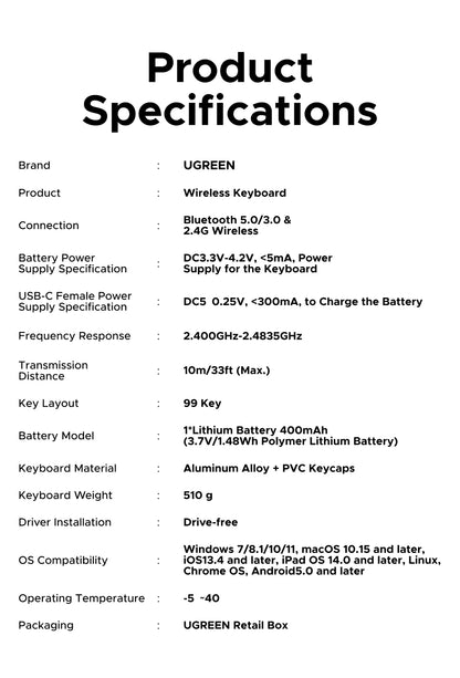 UGREEN 99-Key Wireless Keyboard (Bluetooth & 2.4G)