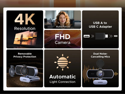 UGREEN 4K FHD Webcam – Auto Focus & Noise-Cancelling Mics