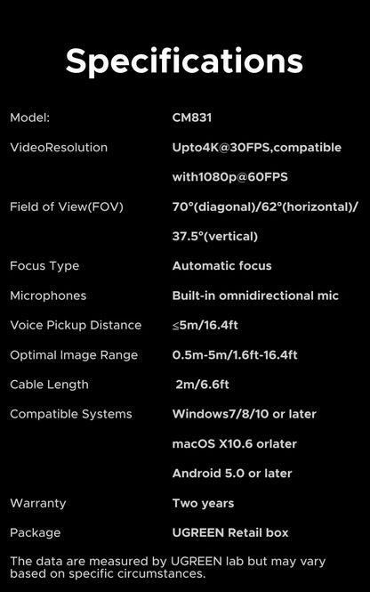 UGREEN 4K FHD Webcam – Auto Focus & Noise-Cancelling Mics